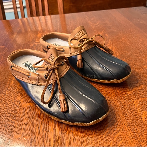 size 9 medium sperry heron navy and tan ankle rain slip on duck shoes - Picture 4 of 5